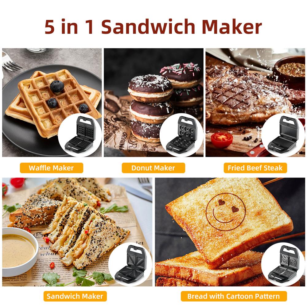 Электрическая сэндвич-машина для завтрака 5 в 1 с набором из 5 съемных двусторонних антипригарных пластин