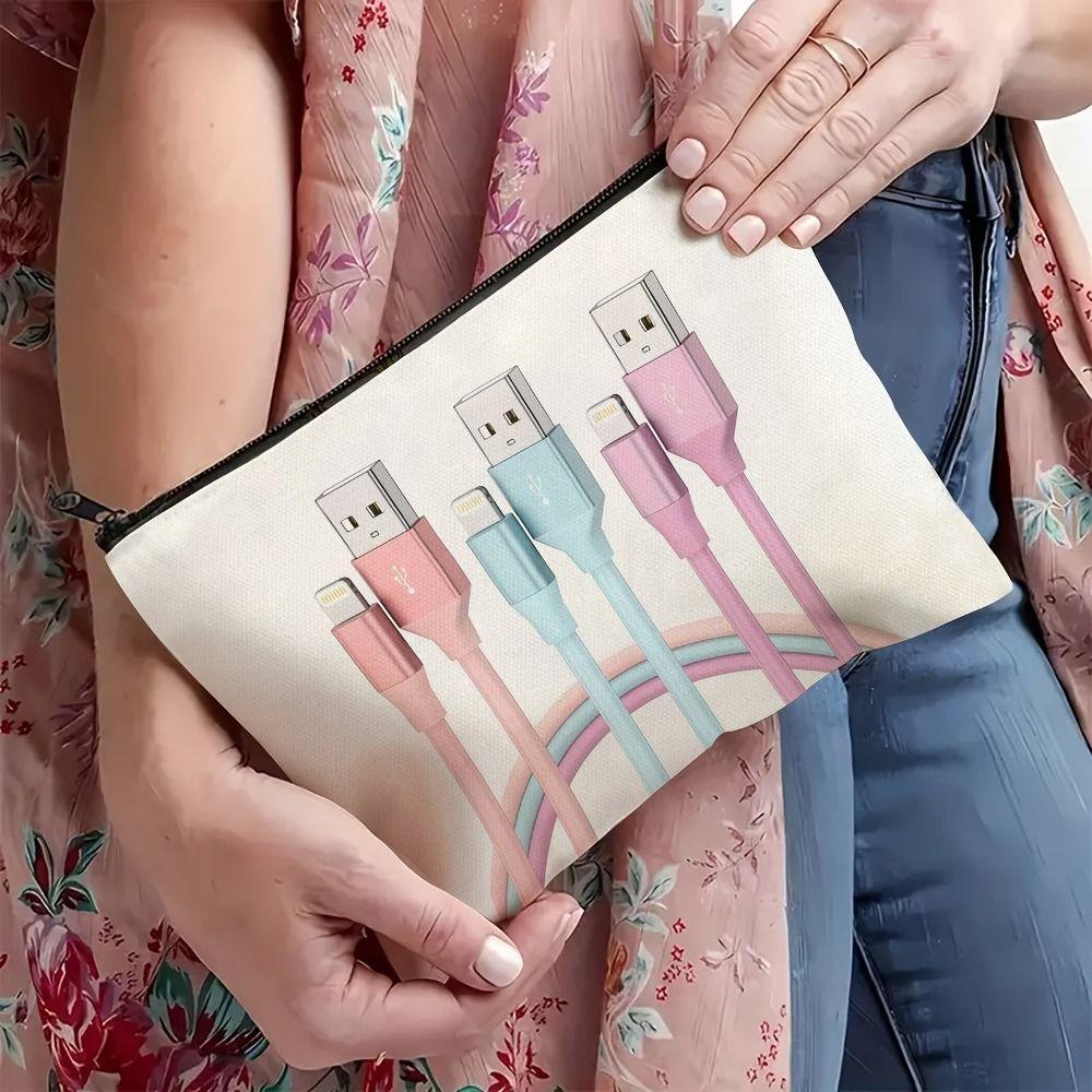 Canvas Charger Storage Pouch Print Design Zipper Closure Electronics Bag Large Capacity Cable Organizer Bag for Office Desk