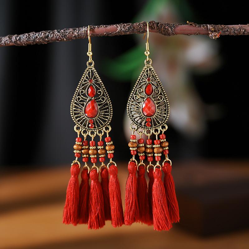 Fashion Bohemian Big Waterdrop Geometric Hollow Tassel Earrings For Women Wooden Beads Handmade Boho Female Wedding Drop Jewelry