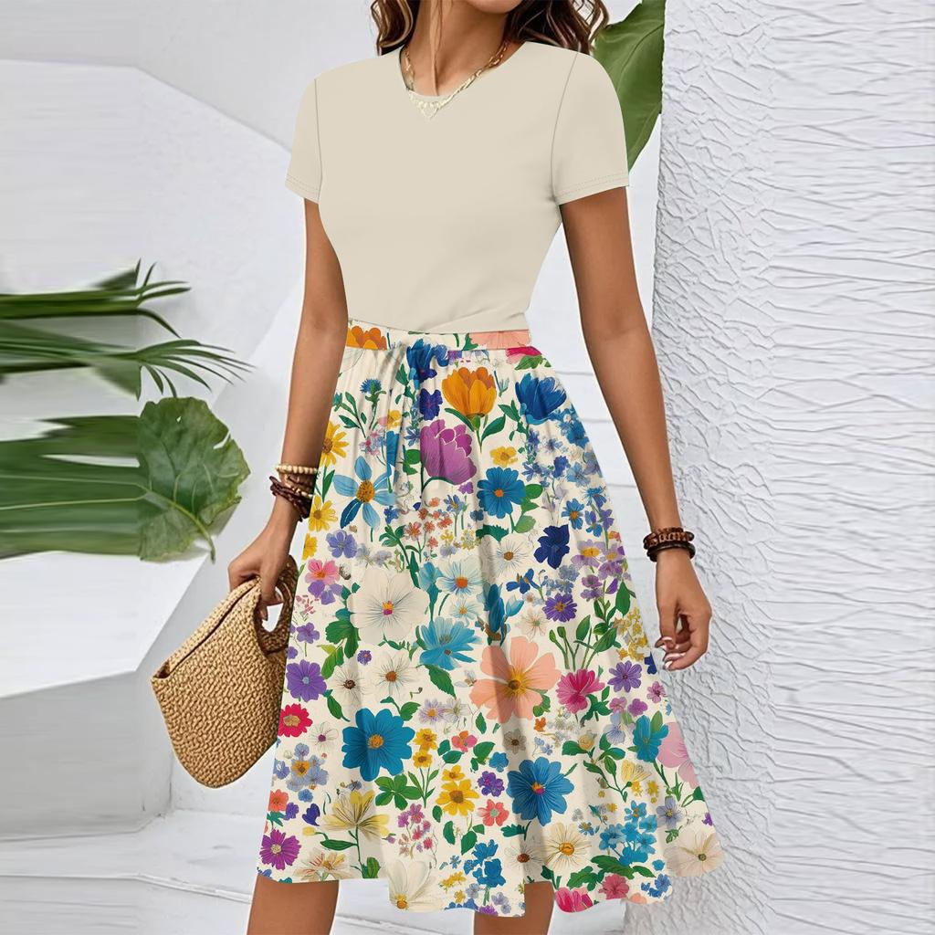 Women's Casual Fashion Belted Floral Printed Short Sleeve Round Neck Elegant Flowing Dress