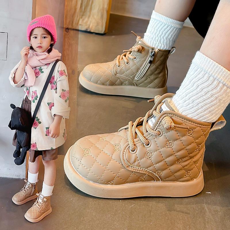 Kids Winter Thick Warm Martin Boots New Plaid PU Leather Snow Boots Boys and Girls Non-slip Plush Casual Shoes