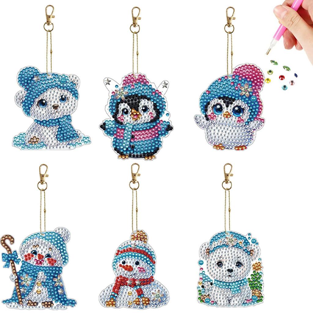 6Pcs Double Sided Diamond Key Rings Hanging Ornaments Diamond Art Set Irregular Diamond Art Key Rings Home Party Decorations