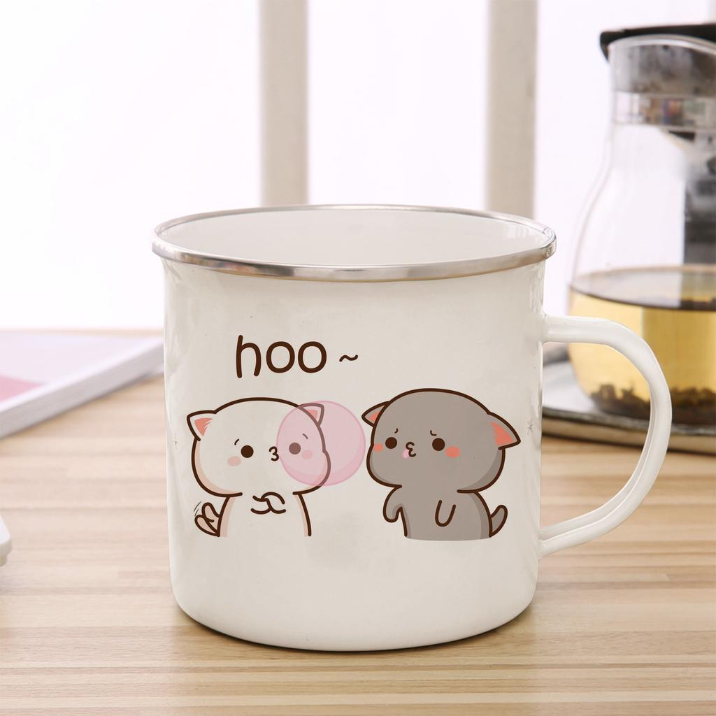 Эмалевая чашка для кофе и чая с котом Персиком и Гомой, милое животное, завтрак, десерт, молоко, чашка для воды, подарок паре