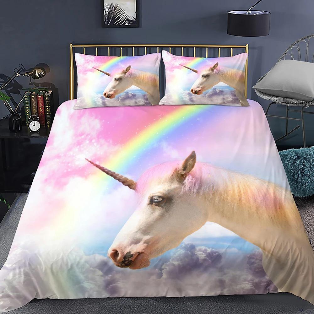 Unicorn Soft Duvet Cover Purple Pink Carton Dream Warm Comforter Cover Set Women Stars Rainbow Rhinestone Beding Set for Tenage Young Girls
