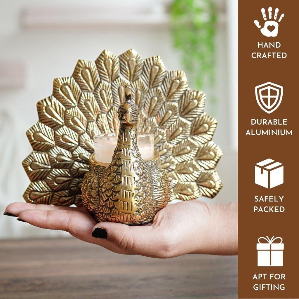 Metal Dancing Peacock Figurine for Good Luck and Love | Candle Holder for Home Dcor Tabletop Living | Showpiece