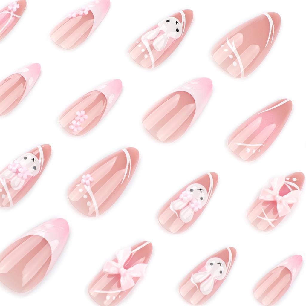 24PCS Pink False Nails with 3D White Bunny Decor Durable Resin for Holiday Party Wedding Daily Wear