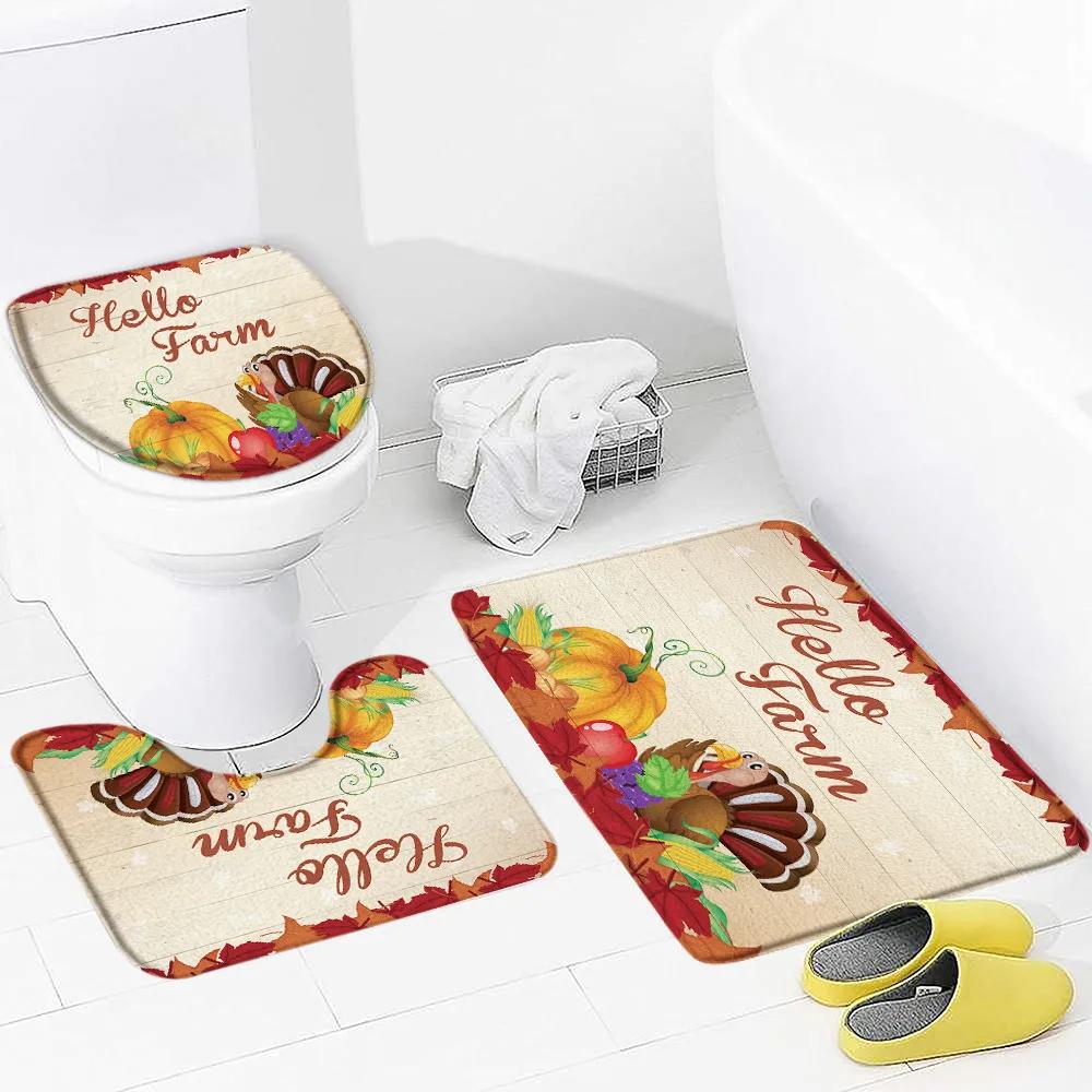Christmas Decor Bathroom Mat Rug 3pcs Set Cartoon Snowman Cabin Pine Forest Winter Scenery Anti Slip Bathroom Accessories Set