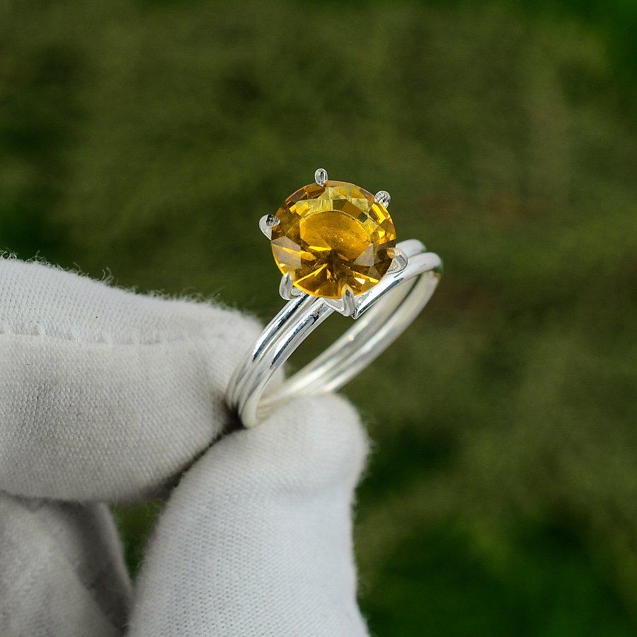 Скидка ко Дню сестер Кольцо в стиле Boho из стерлингового серебра 925 пробы с круглым камнем цитрина, ручная работа, с оправой