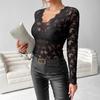 Women's Elegant V-neck Scalloped Collar Edge Single Layer Solid Colour Lace Long-sleeved Slim Thin T-shirt