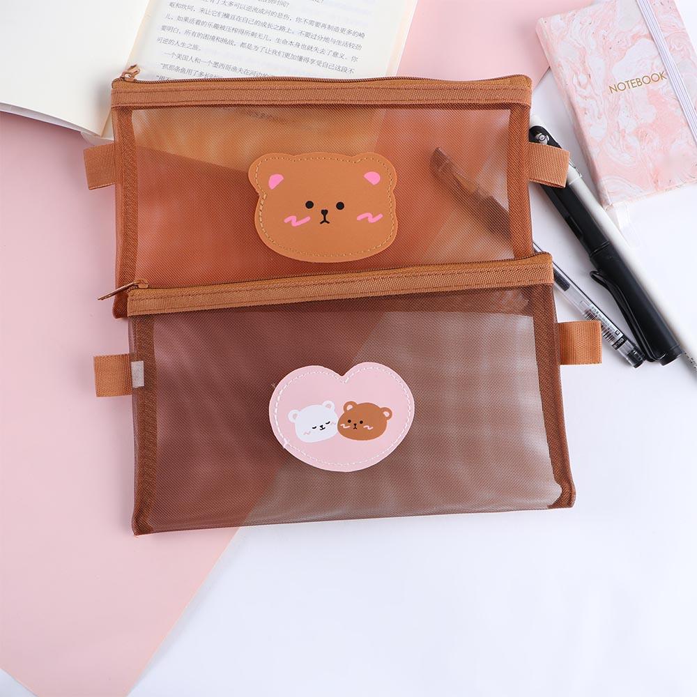 Pen Bag Stationery School Supplies Mesh Pencil Case Storage Bags Bear Pencil Bags Kawaii Pencil Bag
