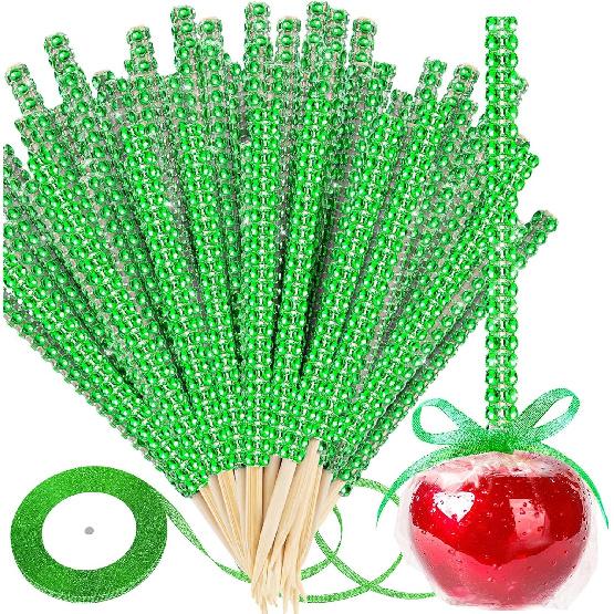 Silver Candy Apple Sticks, 26Pcs Bling Caramel Apple Wooden Pointed Skewers, Fruit Treats Cake Pop Decorative Sticks with Glass Bag Glitter Ribbons