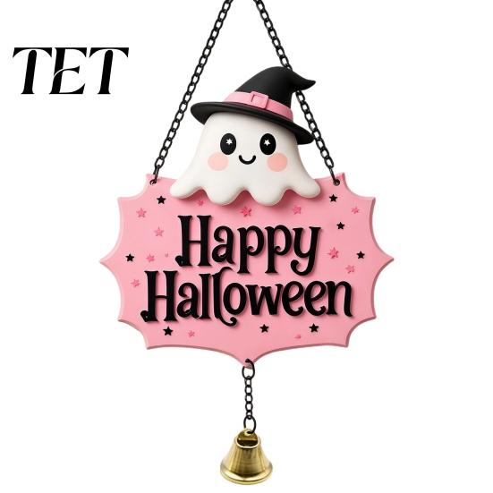 Decorative Skull Doorbell Halloween Cute Witch Hat Ghost Door Sign, Wooden Hanging Decoration, Pink Sign Pendants for Indoor Outdoor Home Wall
