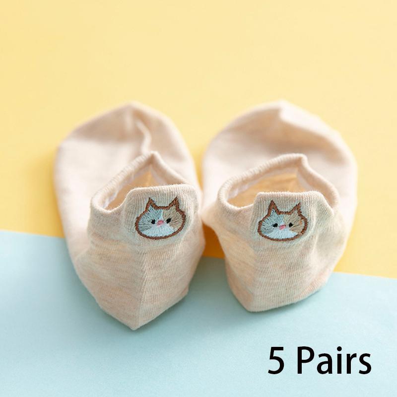 5/10 пар женских носков до щиколотки, мультяшная вышивка, кошка, забавные короткие носки, модные носки-невидимки с низким вырезом, мягкие повседневные женские носки-лодочки