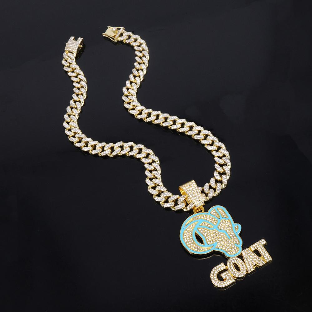 New Hip Hop Enamel Goat Letter Pendant Necklacewith 13mm Cuban Chain HipHop Iced Out Bling Animal Necklace for Men Charm Jewelry