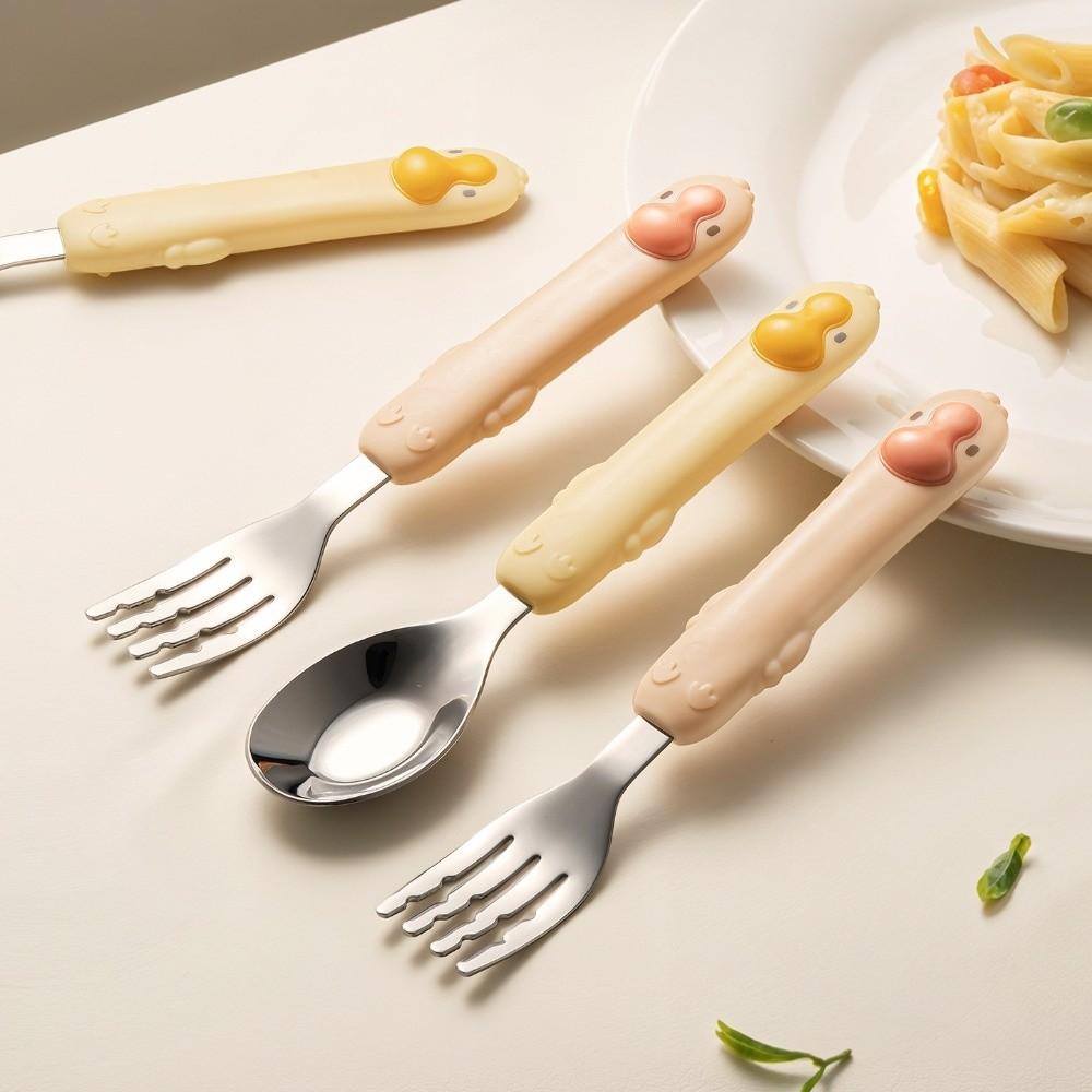 Self Feeding Baby Fork and Spoon Set 316 Stainless Steel Child Tableware  Training Eating