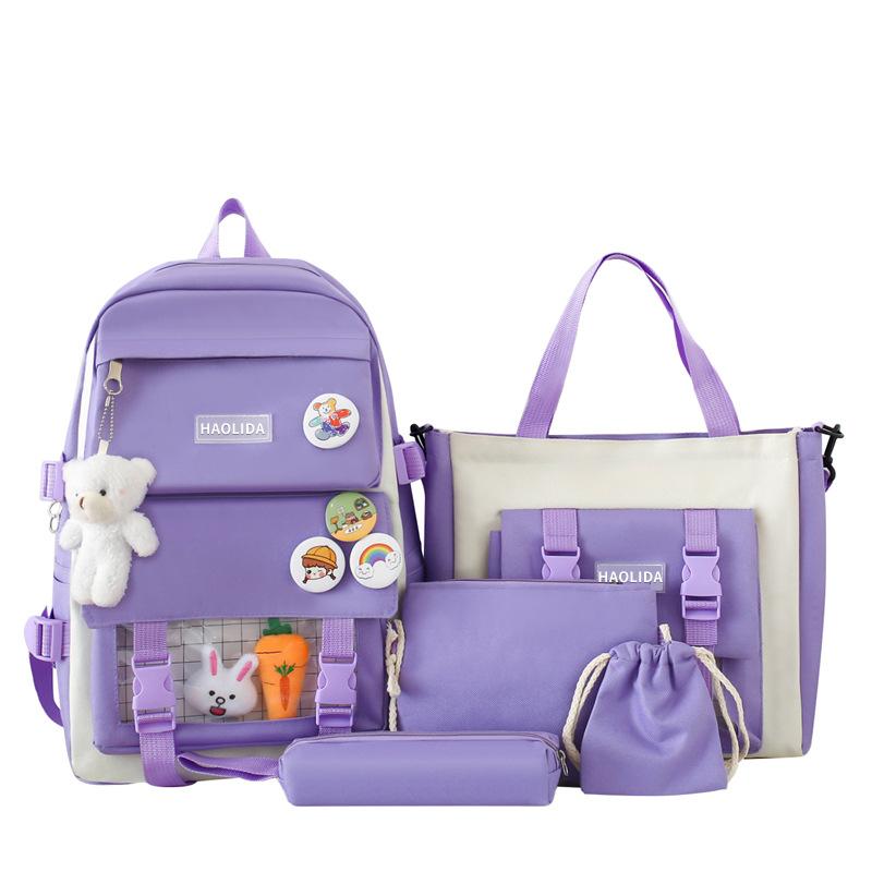 Large-capacity Elementary School Junior High School Students Backpack Five-piece Cute Suit and Bunny Radish Doll Pendant Backpack Multi-compartment