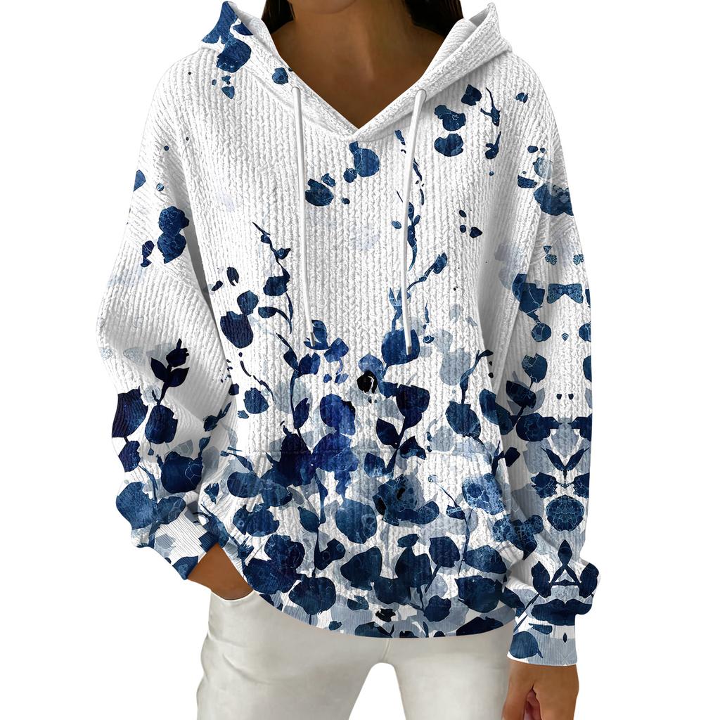 Women's Fashion Casual Floral Print Pullover Long-Sleeve Hooded Sweatshirt