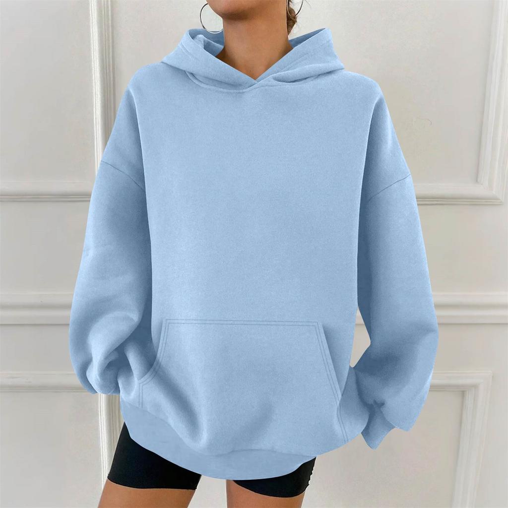 Женская модная повседневная толстовка с капюшоном, однотонная, с карманом, с длинным рукавом