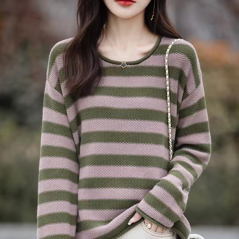Women Sweater Autumn Winter Curled O-Neck Pullover Long Sleeve Bottoming Colorful Stripes Knitwear Loose Clothing