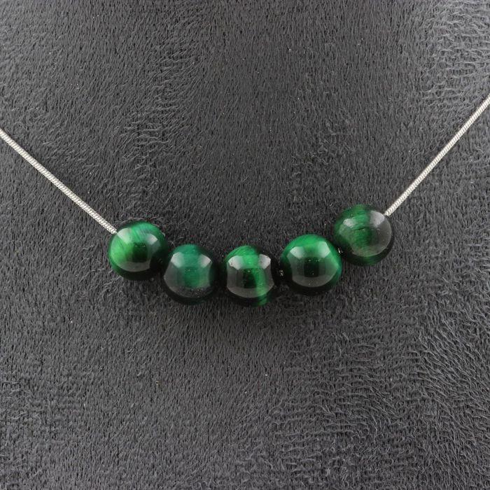 Pierres et Minéraux. Collier 5 perles Oeil de Tigre vert 8 mm. Chaine en acier inoxydable Collier femmes, hommes. Taille personnali