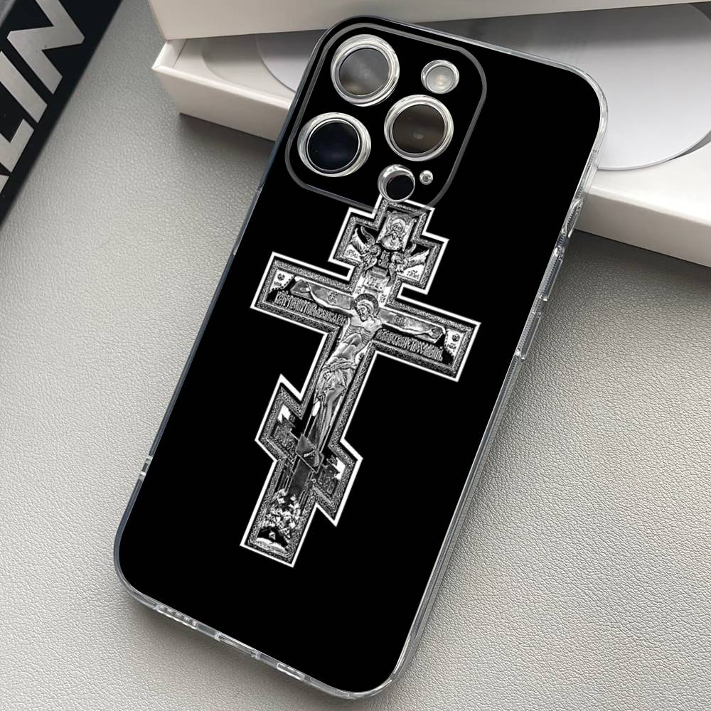 Orthdox Cross Icon Transparent Back Phone Case For iPhone 17 16 15 13 12 11 14 Pro Max Mini Plus Silicone Bumper