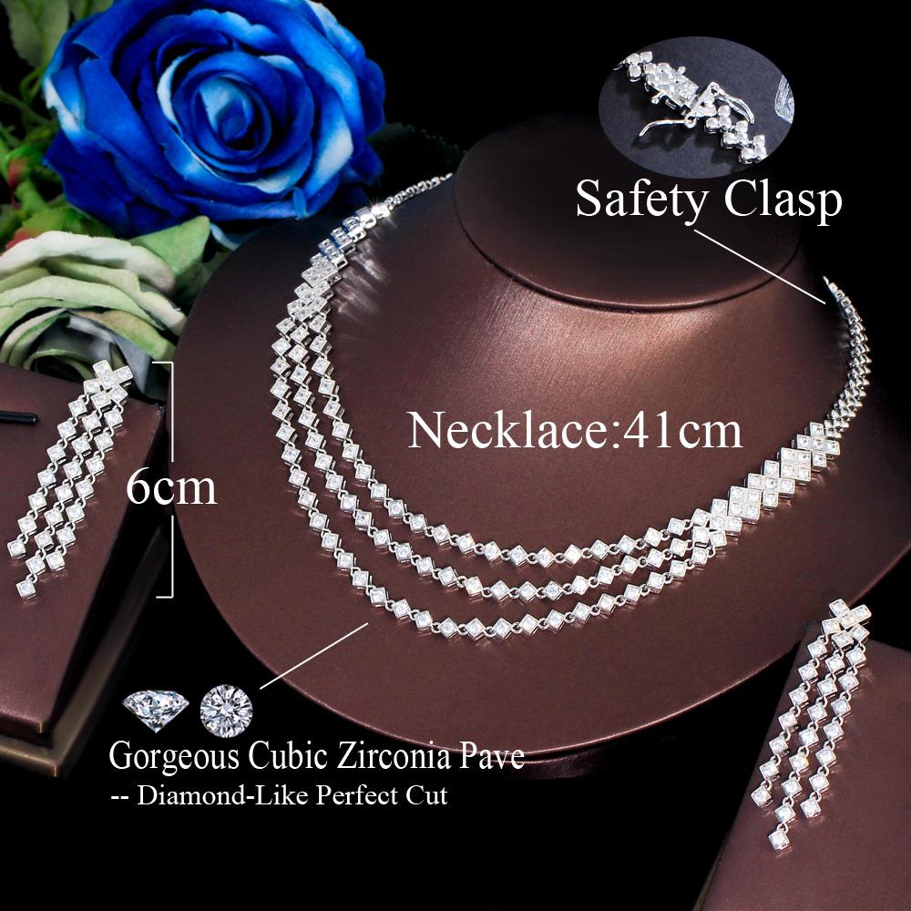 CMM Bling Белый Цирконий Серебристого Цвета 3-слойное Свадебное Платье, Ожерелье и Серьги, Комплекты Ювелирных Изделий