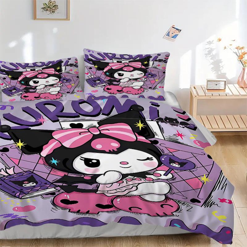 3 шт. Набор постельного белья Kuromi's Sweet Halloween Adventure с принтом Sanrio (1 Пододеяльник + 2 Наволочки, Без Наполнителей), Мягкий и удобный S058