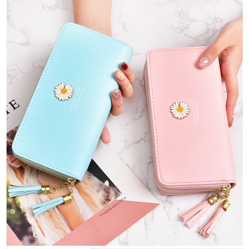 Wallet Korean version for women, long and large capacity handbag, small daisy double-layer zipper simple phone bag