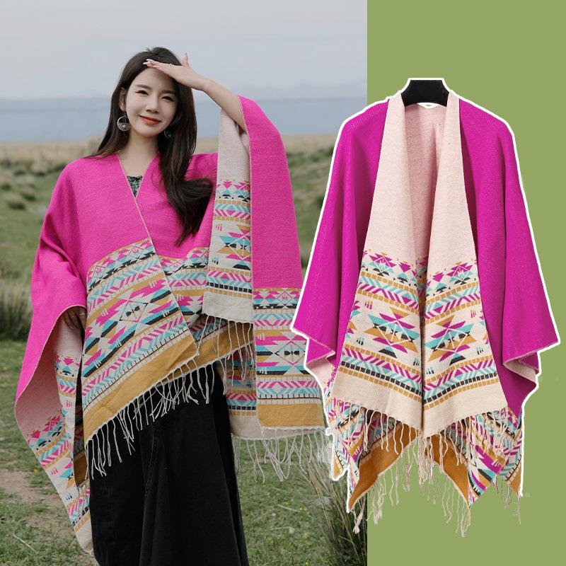 Tourism Ethnic Style Fringed Knitted Shawl Travel Photo Scarf Cape Northwest Prairie Cape Women