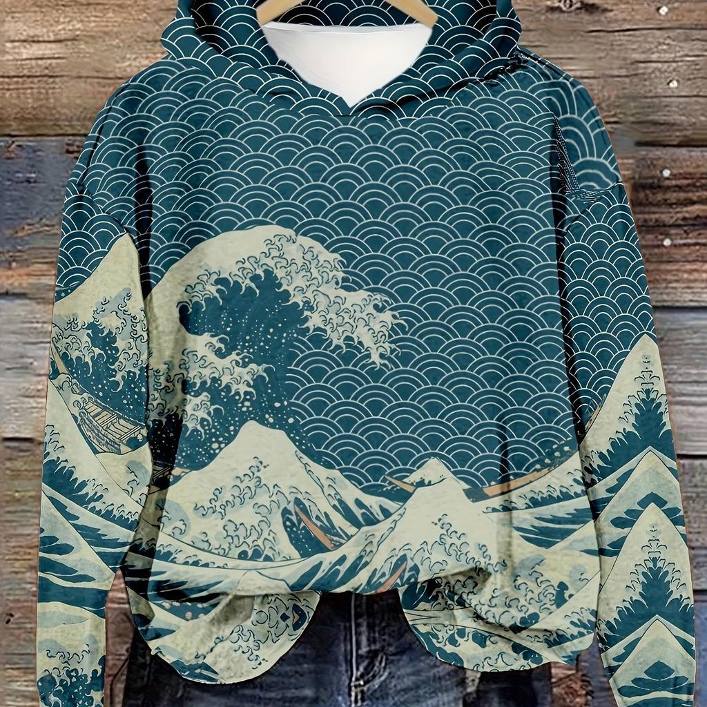 Толстовка с капюшоном Great Wave Print в винтажном стиле, повседневная весенняя одежда - женская свободная толстовка с капюшоном обычного кроя