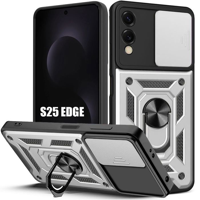 Protective Case - BOOLING - for Samsung Galaxy S25 Edge - Shockproof - Silver - Back Ring