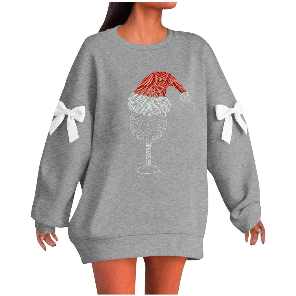 Ladies' Christmas Printed Bow Round Neck Long Sleeved Loose Pullover Sweater Sweatshirt Top