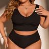 2024 Women's Plus Size V-neck High-Waisted Solid Color Bikini Swimsuit