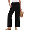 Women's High Waist Adjustable Knot Flowy Cotton And Linen Trousers Wide Leg Pants