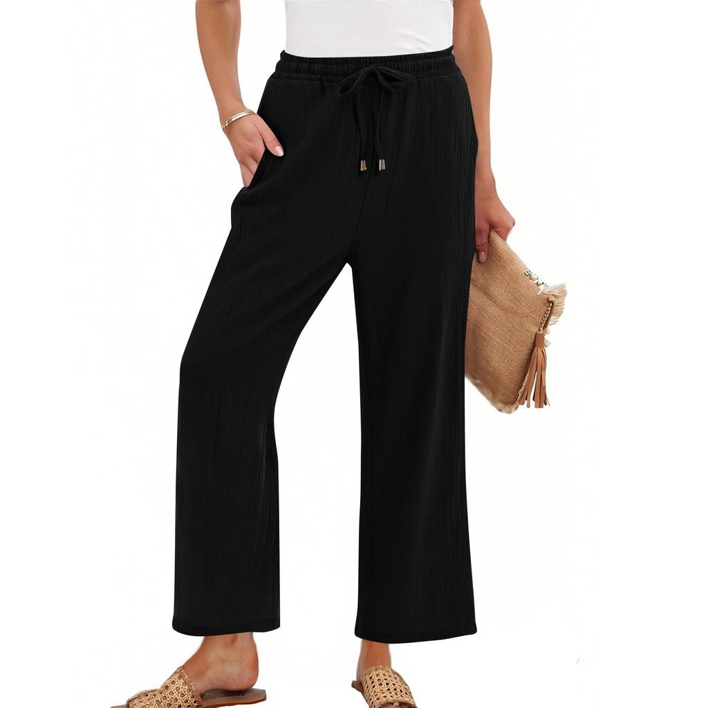 Women's High Waist Adjustable Knot Flowy Cotton And Linen Trousers Wide Leg Pants