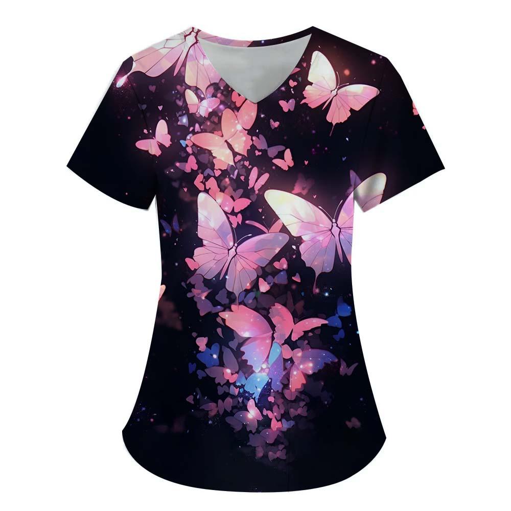 Women's T-shirt V-neck Nurse Uniform Commuting Comfortable Short Sleeved Butterfly Printed T-shirt for Women