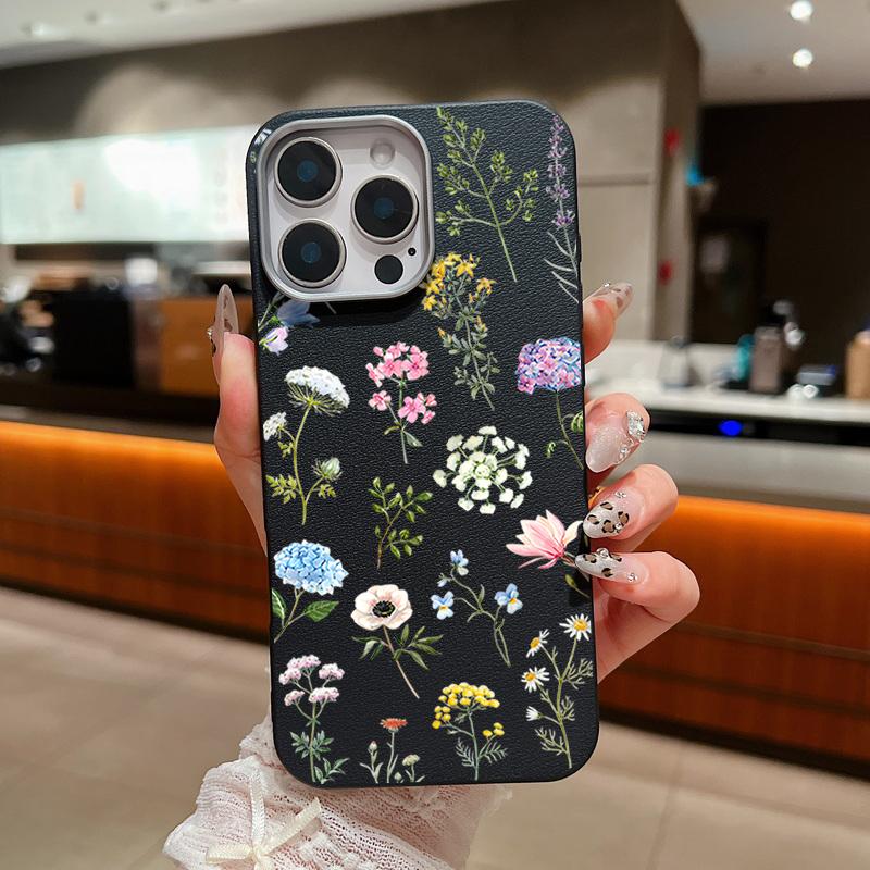 Ударопрочный мягкий чехол из ТПУ с цветочным принтом для iPhone 16 Pro 15 14 Plus 13 12 Pro Max 11 с текстурой кожи, однотонный тонкий чехол