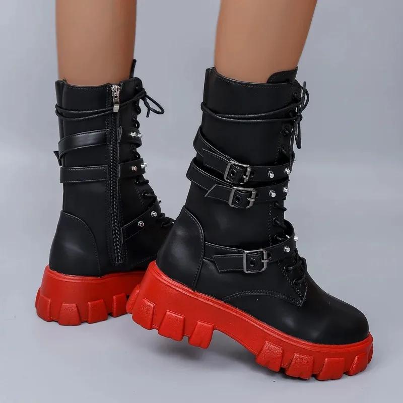 Модные Новые Удобные Женские Туфли Толстая Подошва Нескользящие Ботинки Повседневные Универсальные Модные С Пряжкой-Ремнем Мотоциклетные Ботинки Зимние Женские