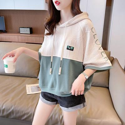 Женские толстовки с короткими рукавами и капюшоном, большие размеры, футболки в стиле пэчворк, свободные топы в корейском стиле, толстовка большого размера