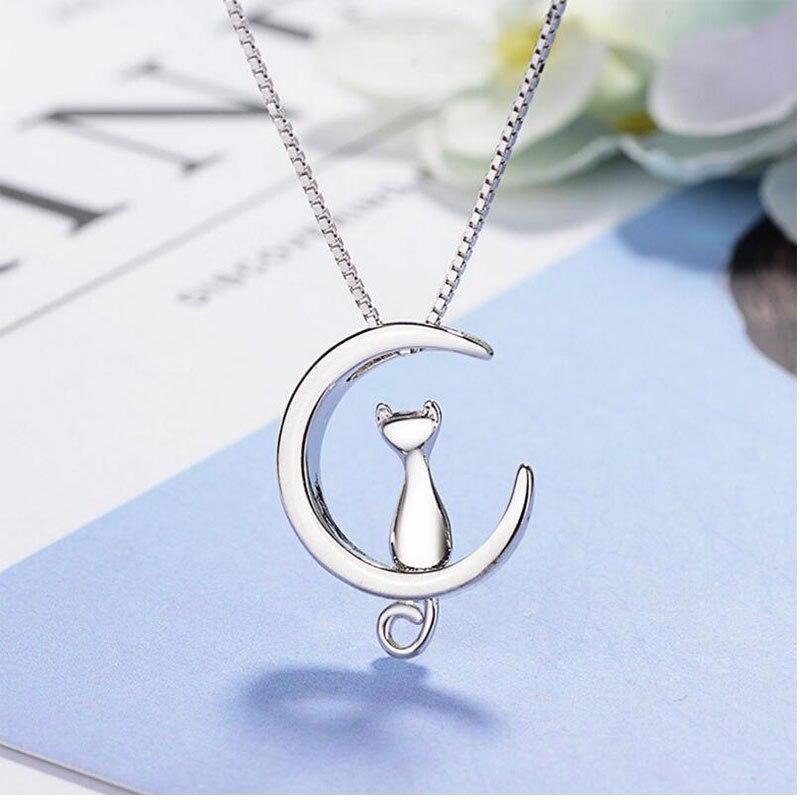 925 Sterling Silver Simple Cute Pet Cat Moon Jewelry Set Animal Necklace And Earring Party Jewelry Set For Women Gift