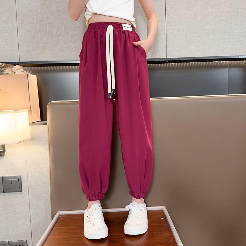 Брюки для девочек, летние детские брюки из искусственного шелка с защитой от комаров, летняя одежда, длинные брюки с защитой от солнца, тонкий дизайн, манжеты на шнурках