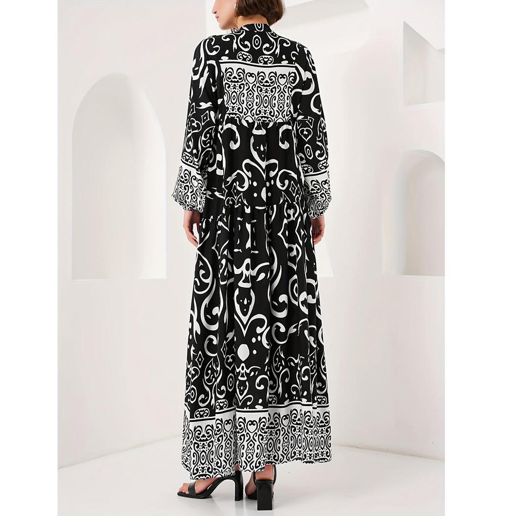 Элегантное длинное черное арабское платье - женское исламское платье с V-образным вырезом и свободным кроем с принтом