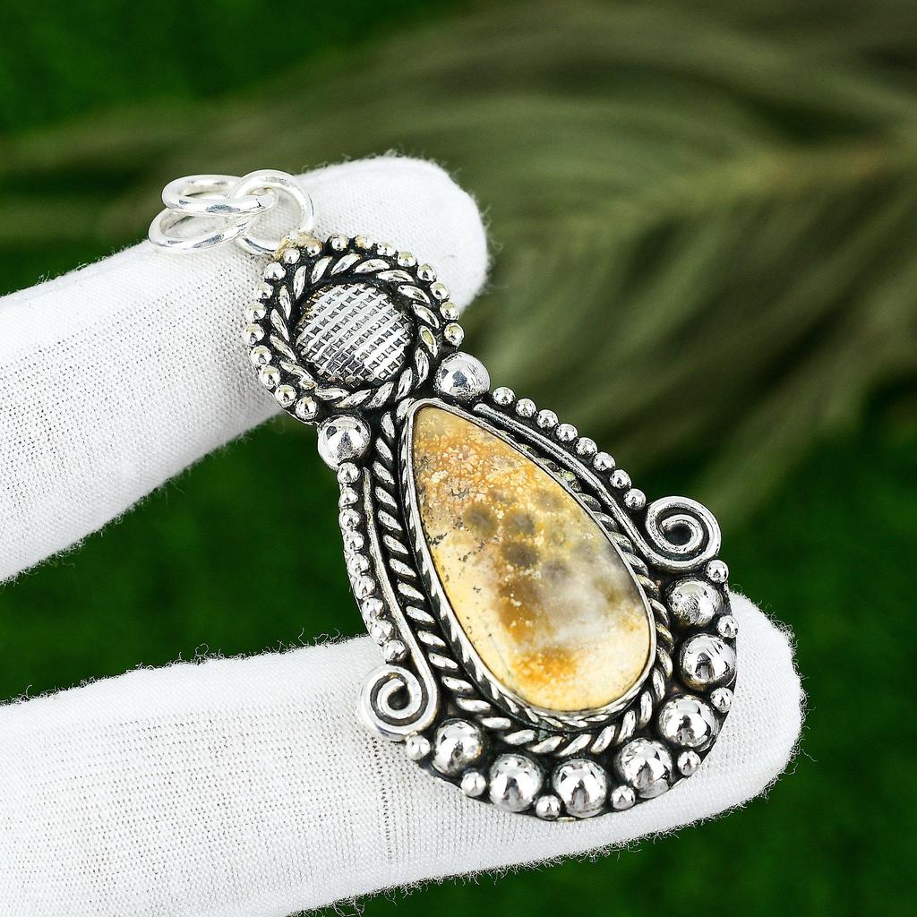Pear Natural Fossil Coral Bezel Root Chakra New Pendant Jewelry Sterling Silver