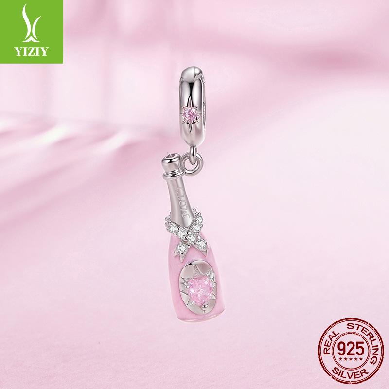 Romantic Pink Champagne S925 Sterling Silver Pendant Accessories Sweet Cool Versatile Diy Charm Beads