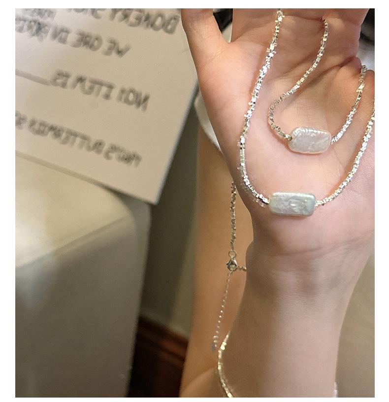 Корейское геометрическое ожерелье из стерлингового серебра 925 пробы с жемчугом - Неправильная многослойная цепочка для ключицы