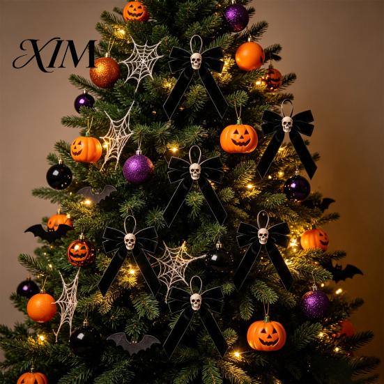 Halloween Tree Hanging Decor Velvet Bows with Skull Ornaments for Decoration, Black Ornament Gothic Flannel Bow Pendant Home Holiday Party Vintage