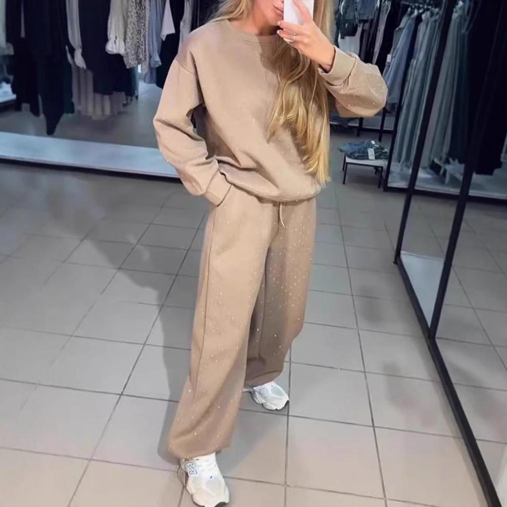 2024 Европейский и американский осенне-зимний женский повседневный комплект с круглым вырезом, длинными рукавами, горячей фиксацией, кулиской и манжетами на щиколотках