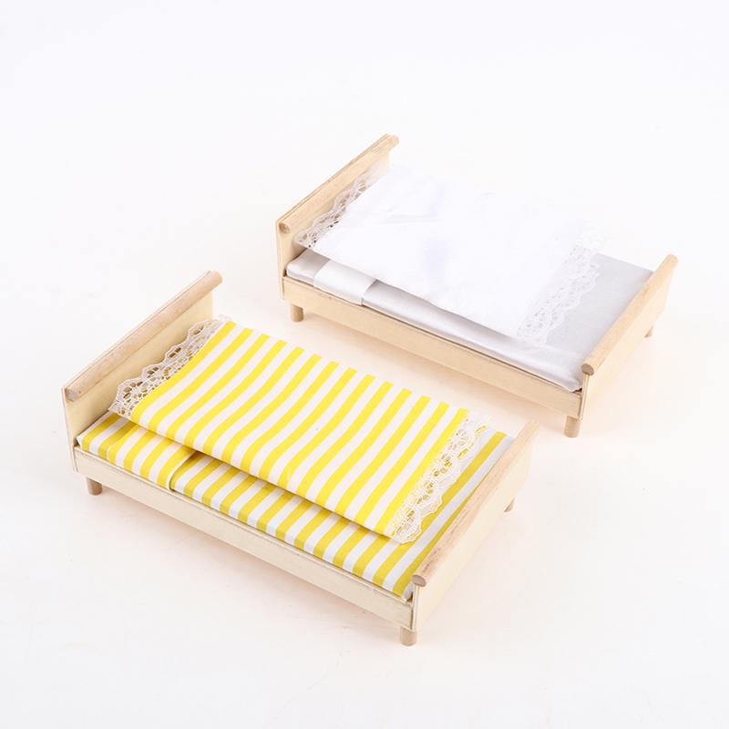 1:12 кукольных домиков Мини Мебель Спальня Микро Сцена Модель Деревянная Ткань Двуспальная Кровать