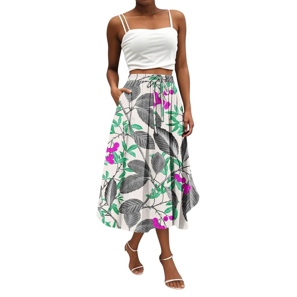 Женская юбка в стиле бохо с цветочным принтом, однотонная повседневная юбка с карманами