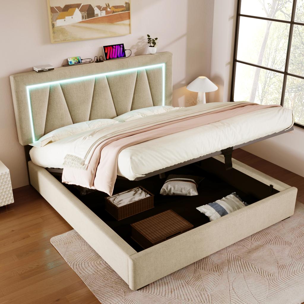 Upholstered LED Double Bed with USB Type C Charging and LED Lighting, Storage Bed Frame, Linen, Youth Bed 140x200 with Slatted Frame (No Mattress)